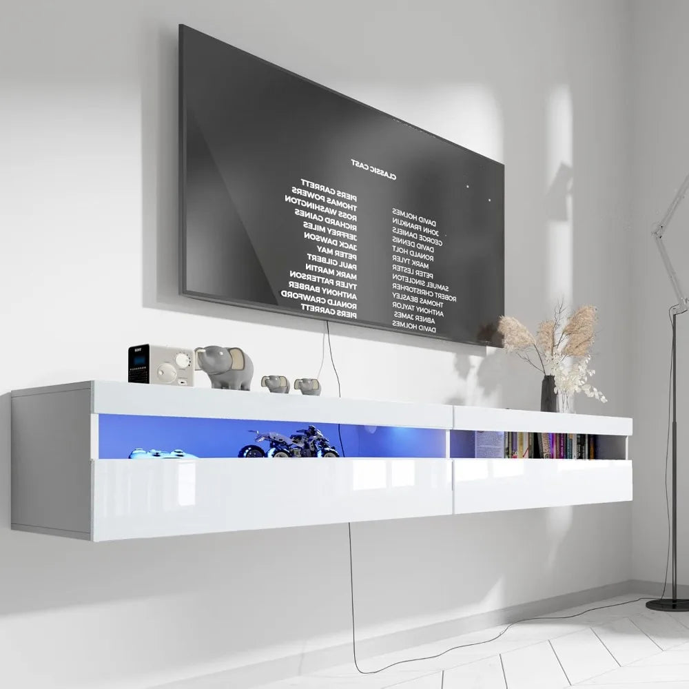 Floating TV Stand, Wall Mounted TV Shelf with Led Lights & Power Outlet, 71" Modern Entertainment Center Media Console with Storage