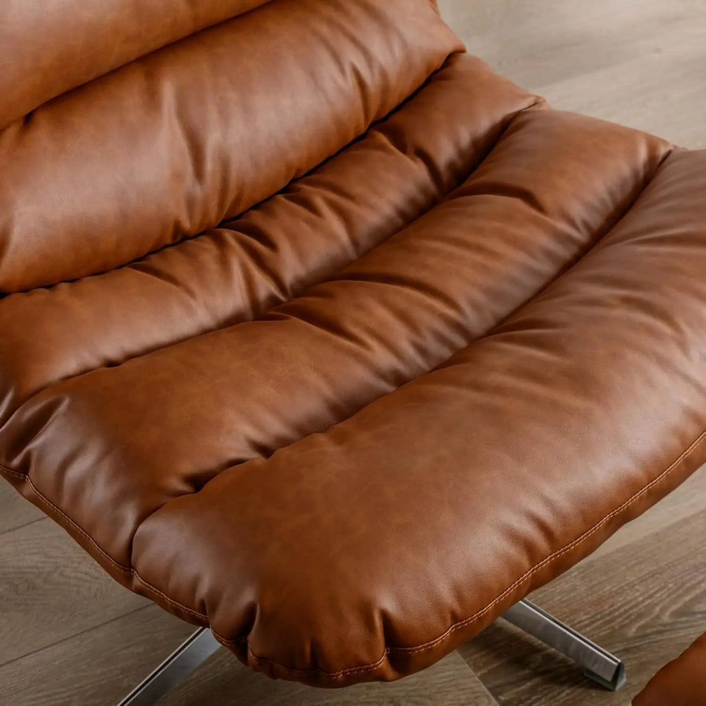 Swivel Accent Chair with Ottoman, Mid Century Modern Faux Leather Lounge Chair With Footrest, Comfy Oversized Armchair