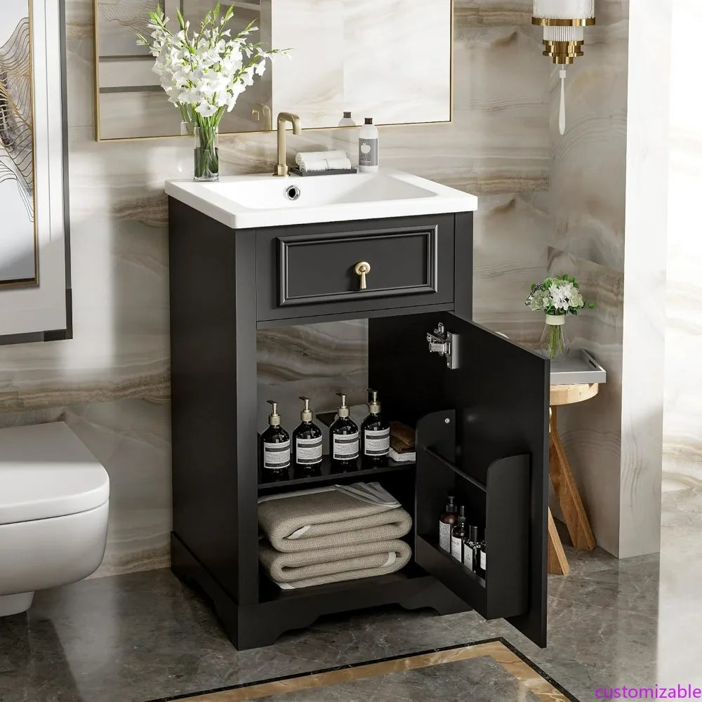 Contemporary 20-Inch Bathroom Vanity Set with Single Sink, Solid Wood Cabinet, Soft Closing Door and Adjustable Features