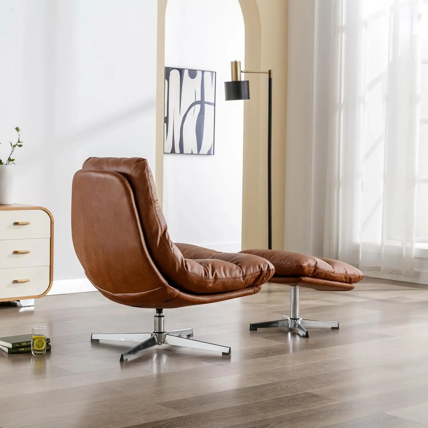 Swivel Accent Chair with Ottoman, Mid Century Modern Faux Leather Lounge Chair With Footrest, Comfy Oversized Armchair