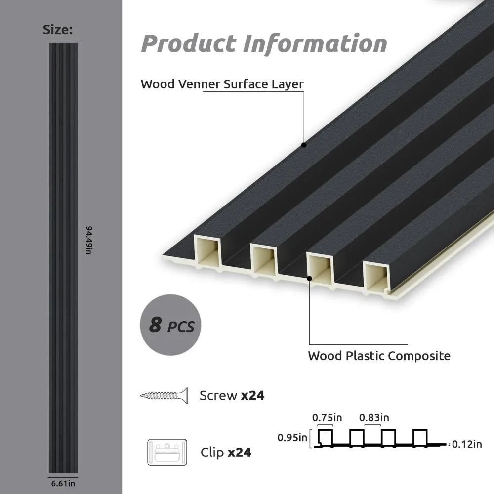 Contemporary 3D Slat Wall Panels - 8 Pack for 94.5 x 6.6, TV or Bedroom Wall, Matte Black Finish