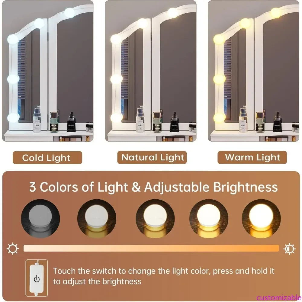 New Vanity Table Set with Lighted Tri-Folding Mirror, Makeup Vanity with Lights & 3 Color Lighting Modes, Vanity Desk/ Mirror