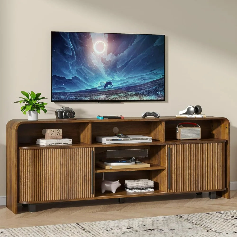 Mid-Century Modern Wood TV Stand for 75-80" TVs, Storage-Friendly Entertainment Center Console