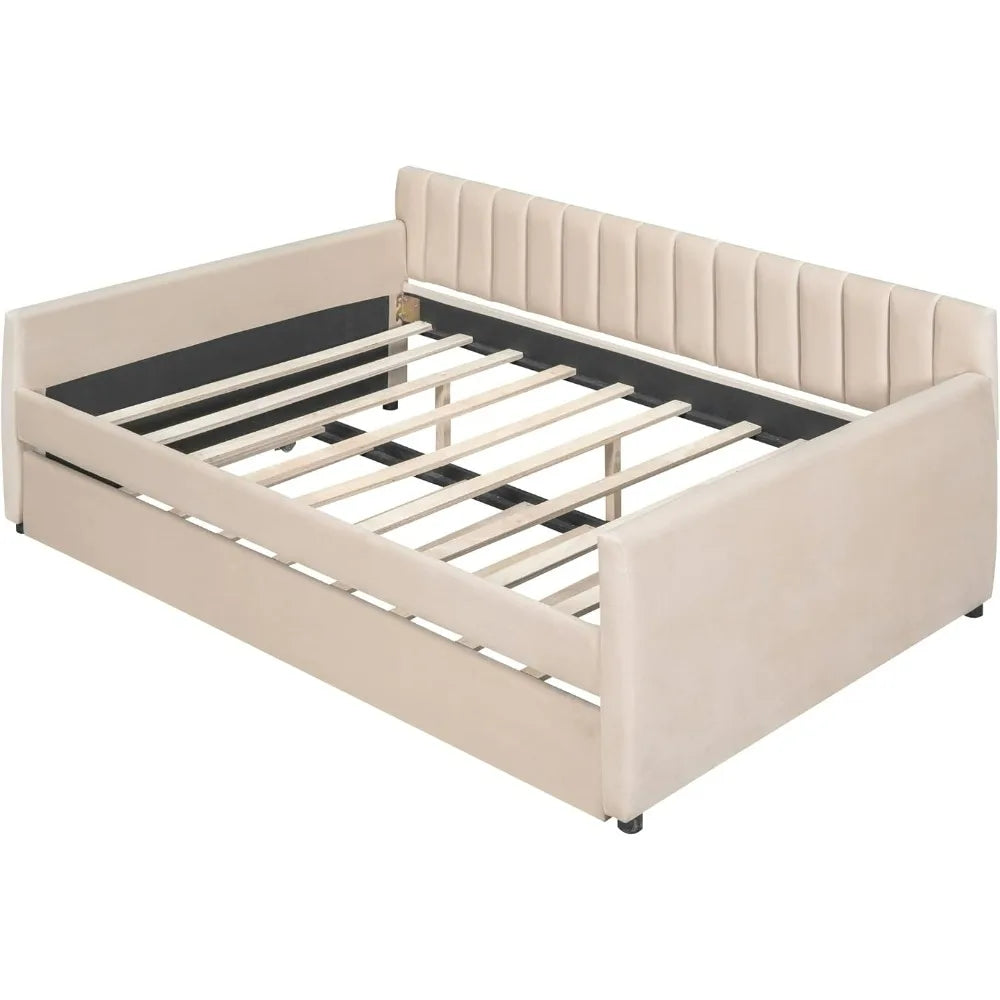 Beige Daybed Full Size with Trundle and Wood Slat Support, No Box Spring Needed