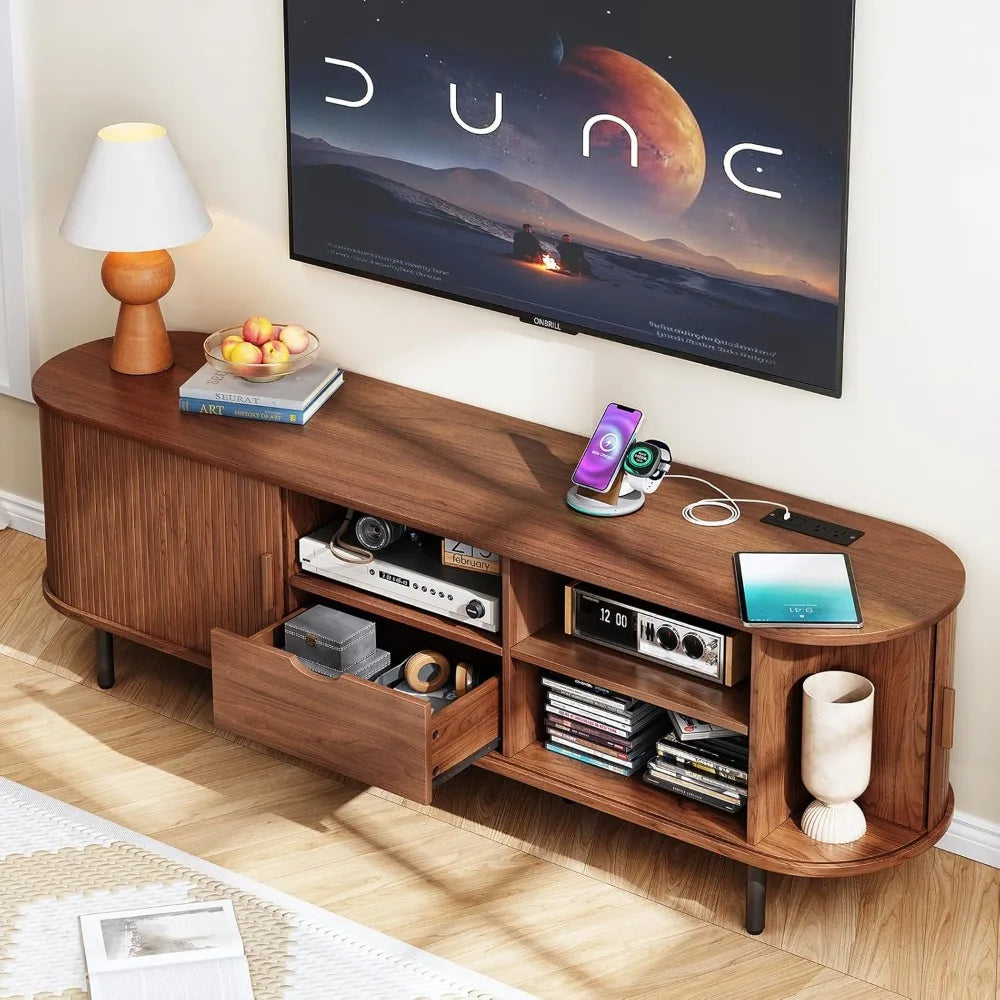 69" TV Stand with Power Outlet for TVs up to 80", with Storage and Drawer, with Adjustable Shelves