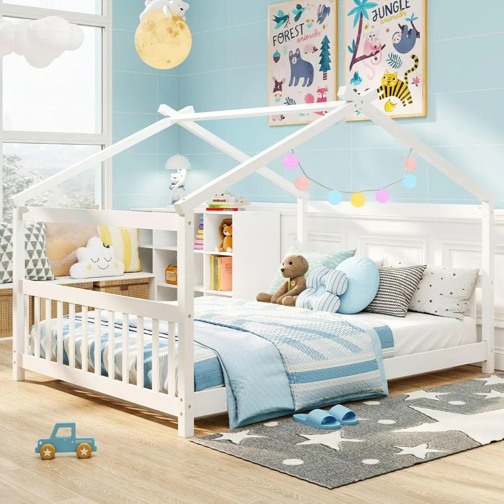Full Size Floor Bed, with Roof, Headboard and Footboard, Low Full Bed Frame for Kids Teens Girl