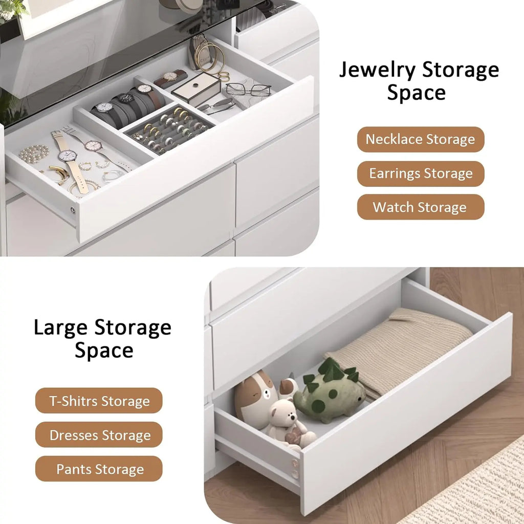 White 8 Drawer Dresser, Modern Chest of Drawers, Jewelry Dresser Display with Glass Top and LED Light