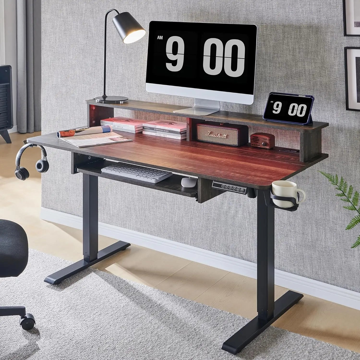 48" Gaming Desk, Electric Standing Desk with Height Adjustable, Power Outlets, LED Lights, Keyboard Tray, and Monitor Shelf