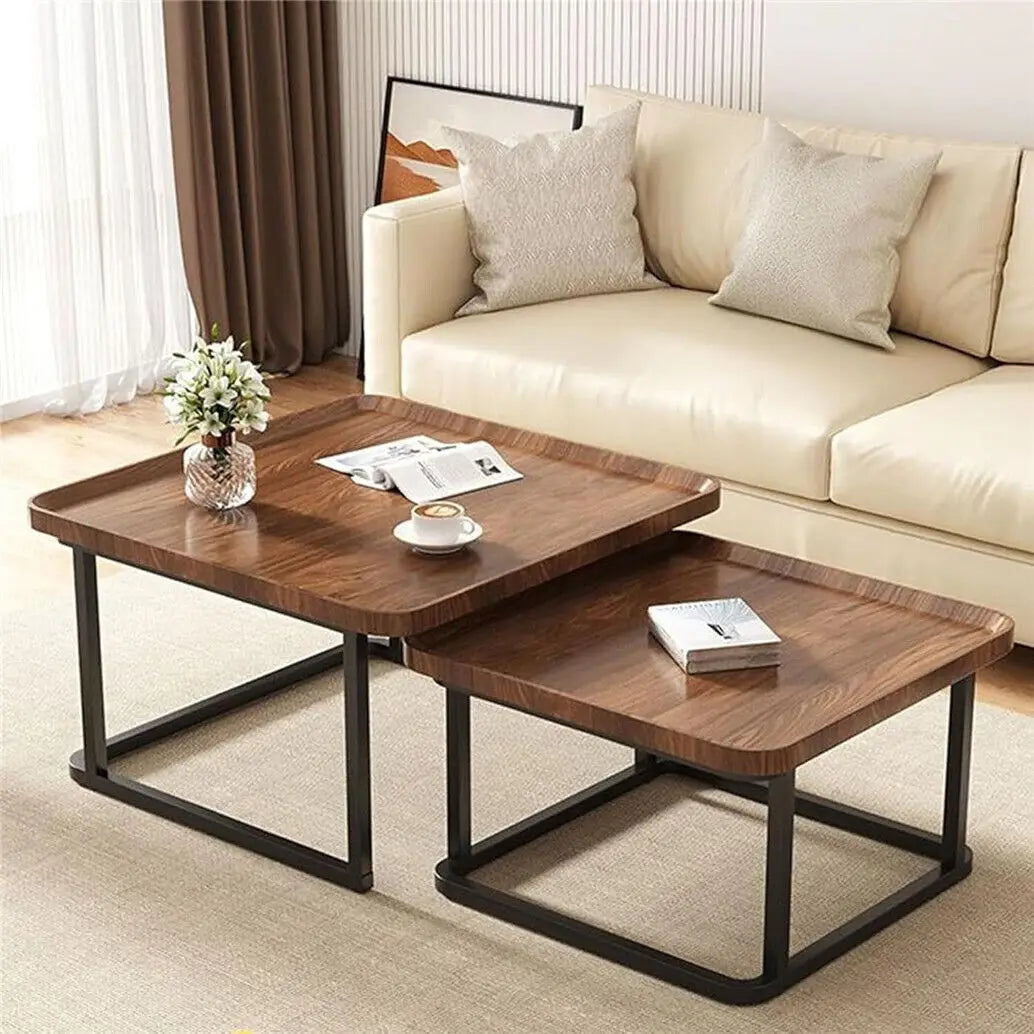 Irregular Living Room Coffee Table Set Small Drop-Shaped Solid Wooden Sofa Side/ End Table 2-in1 with Triangle Legs