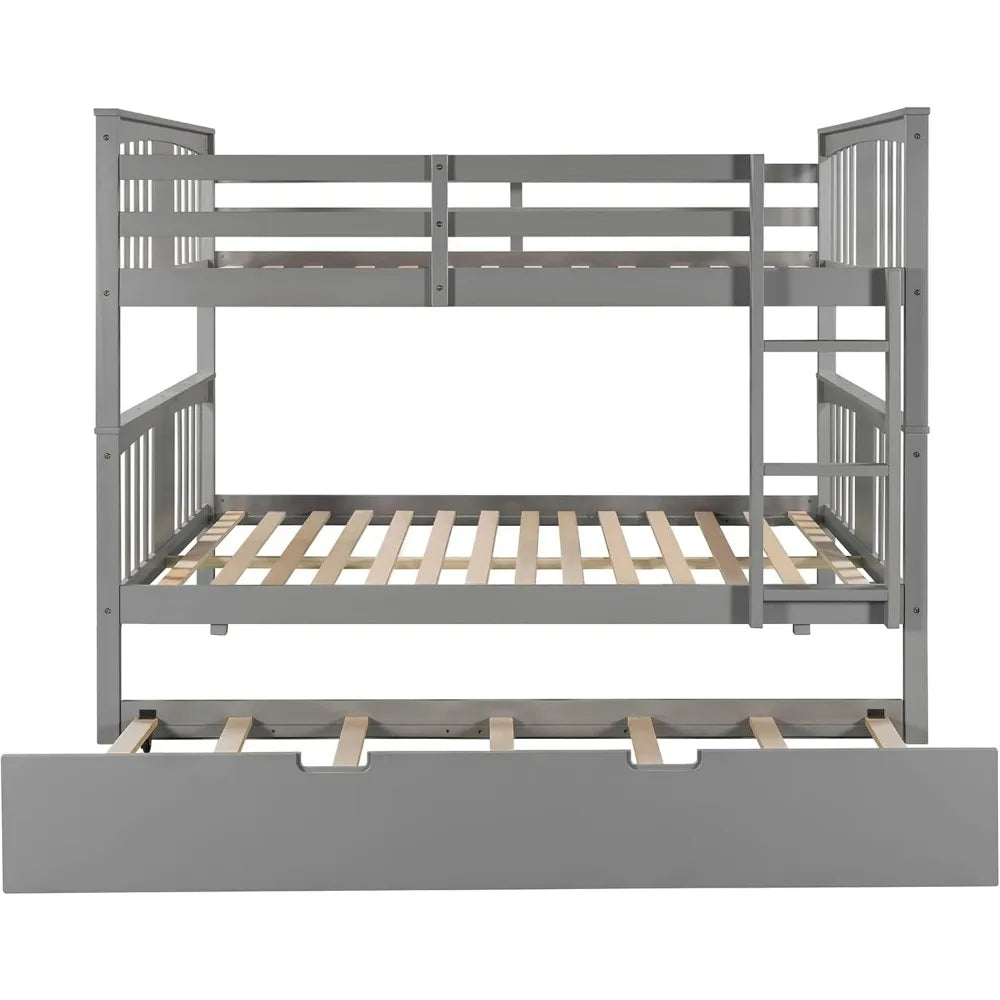 Twin-Over-Full Bunk Bed with Trundle, Transformable into Individual Beds, Crafted from Solid Pine with Safety Rails