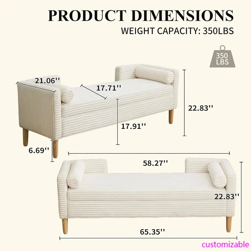 65" Large Storage Ottoman Bench with 2 Pillows, Corduroy Upholstered Entryway Bench