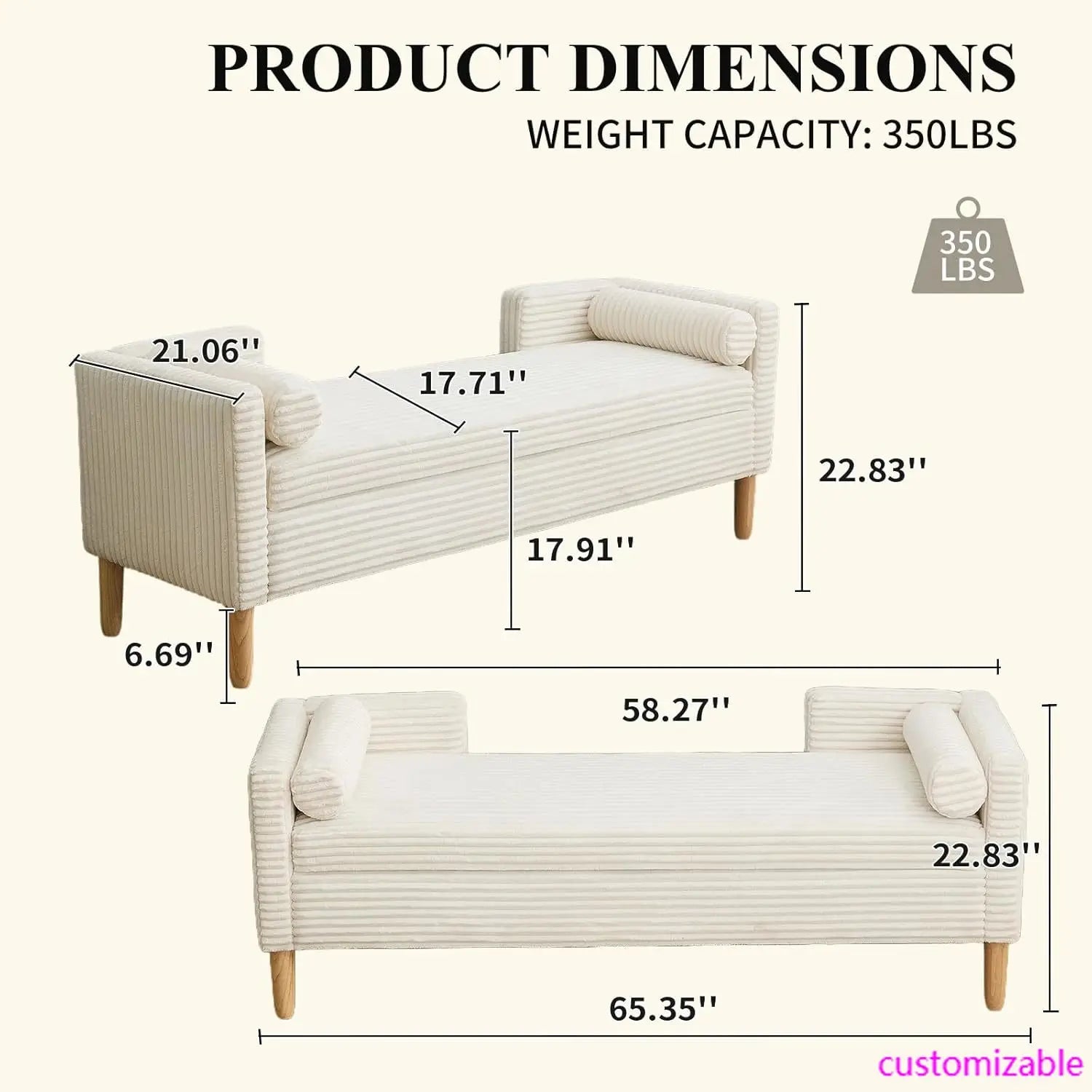 65" Large Storage Ottoman Bench with 2 Pillows, Corduroy Upholstered Entryway Bench
