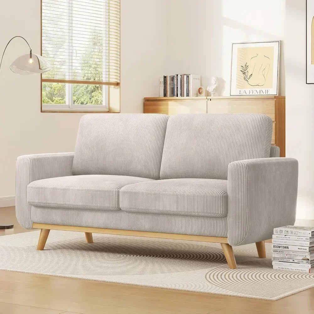 68" loveseat sofa light grey, comfy corduroy couch with spring cushion and solid wood, modern deep seat for bedroom, living roo