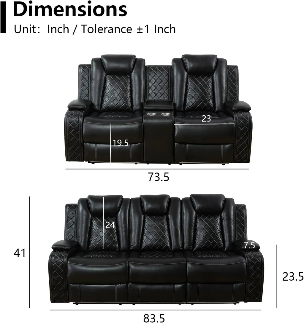 Power Recliner Sofa Set with LED Light for Living Room Furniture Black Leather 3 Seater Sofa