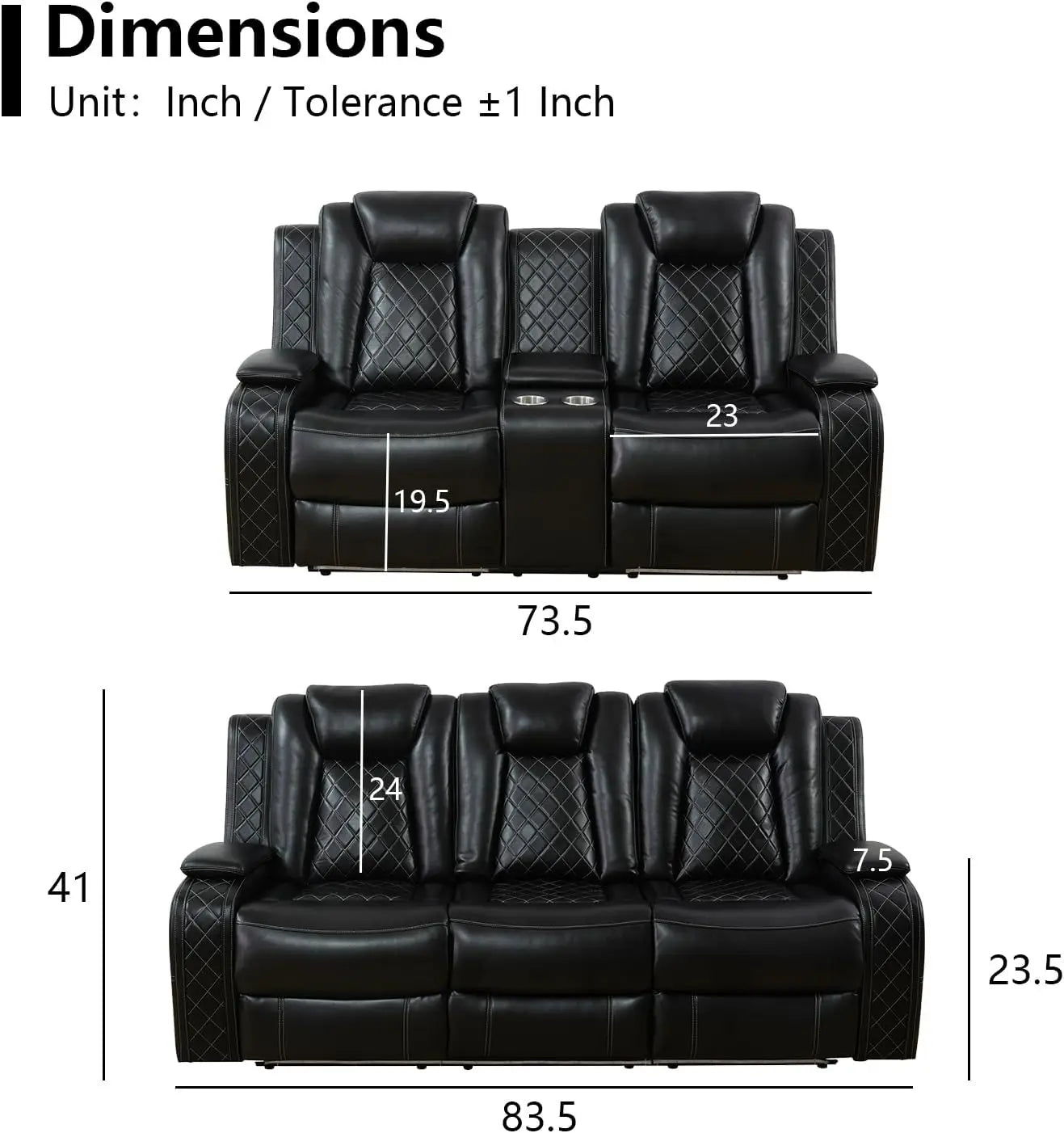 Power Recliner Sofa Set with LED Light for Living Room Furniture Black Leather 3 Seater Sofa
