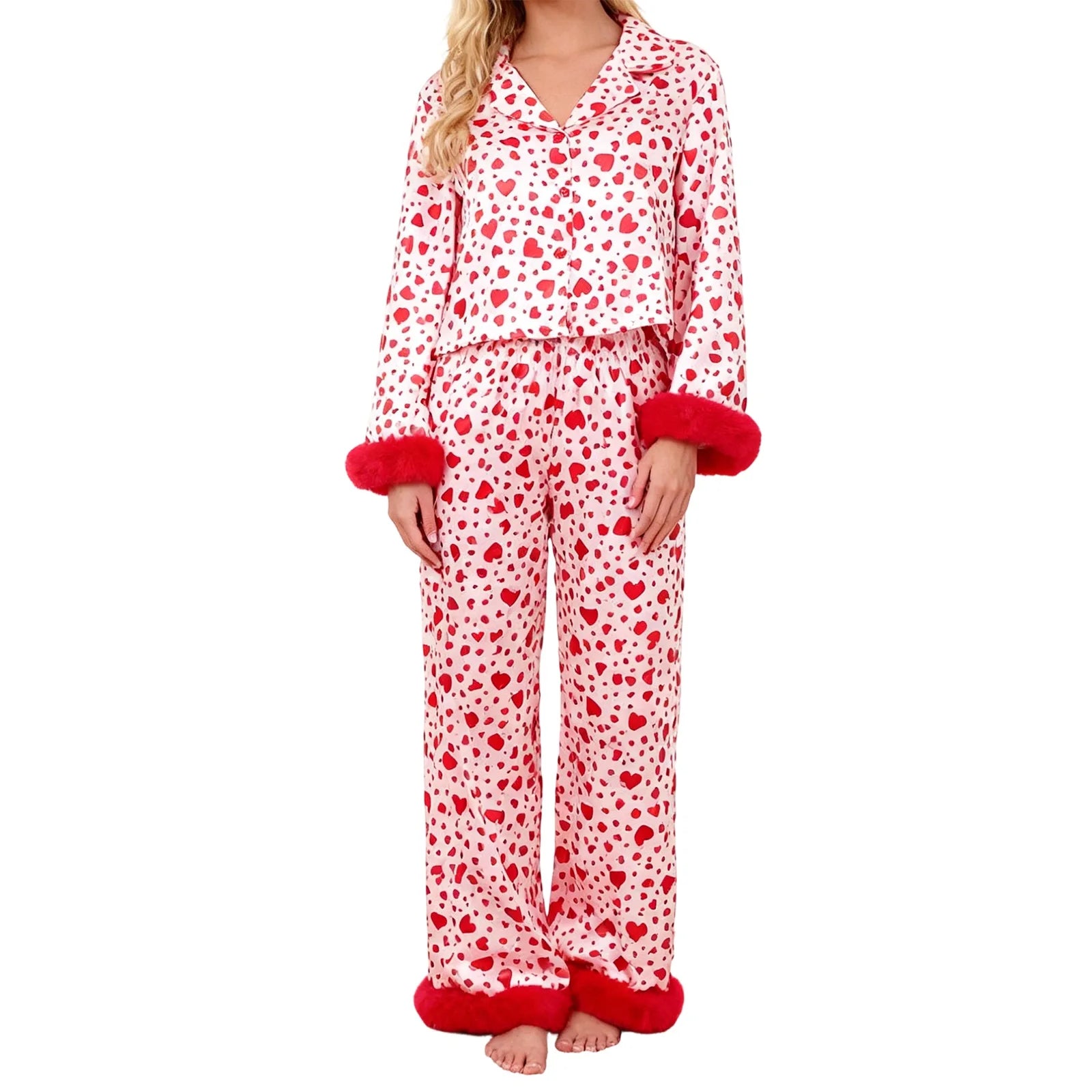 Valentine s Day Women s Pajama Set with Heart Print Long Sleeve Button Up Top and Pants Lounge Wear 2 Piece Set for Comfort