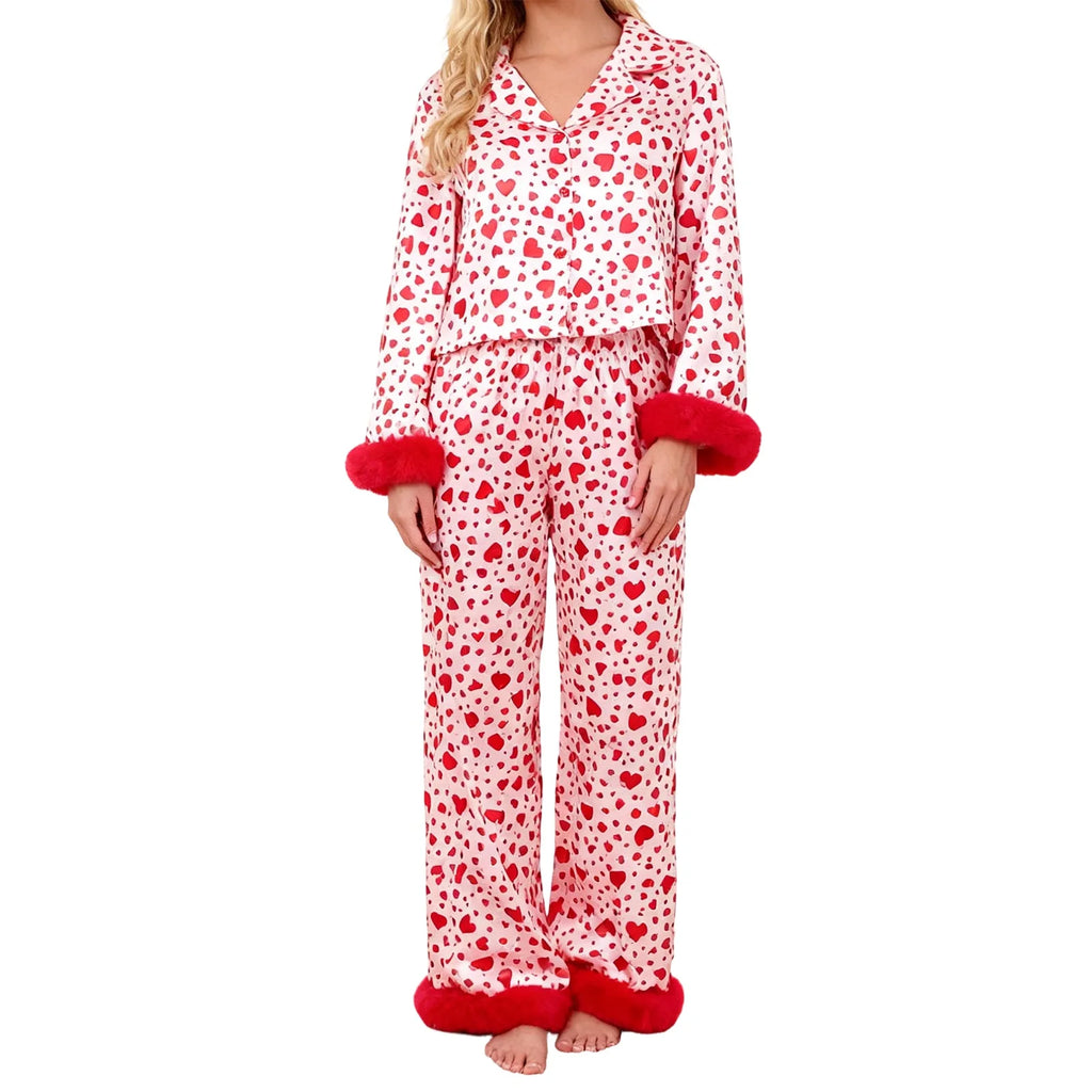 Valentine s Day Women s Pajama Set with Heart Print Long Sleeve Button Up Top and Pants Lounge Wear 2 Piece Set for Comfort