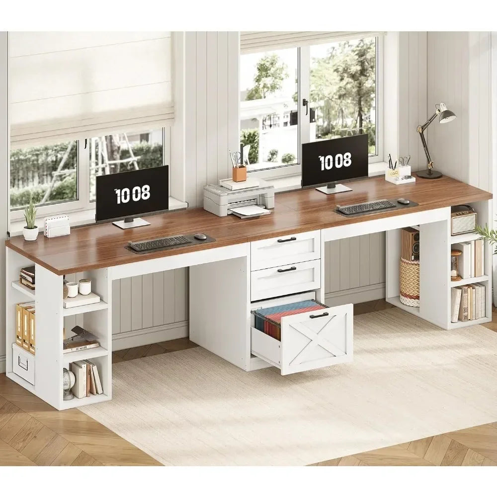 Farmhouse 96.5 Computer Desk with Drawers, 2 Person Home Office Desk, Gaming Double Desk with Storage Shelves