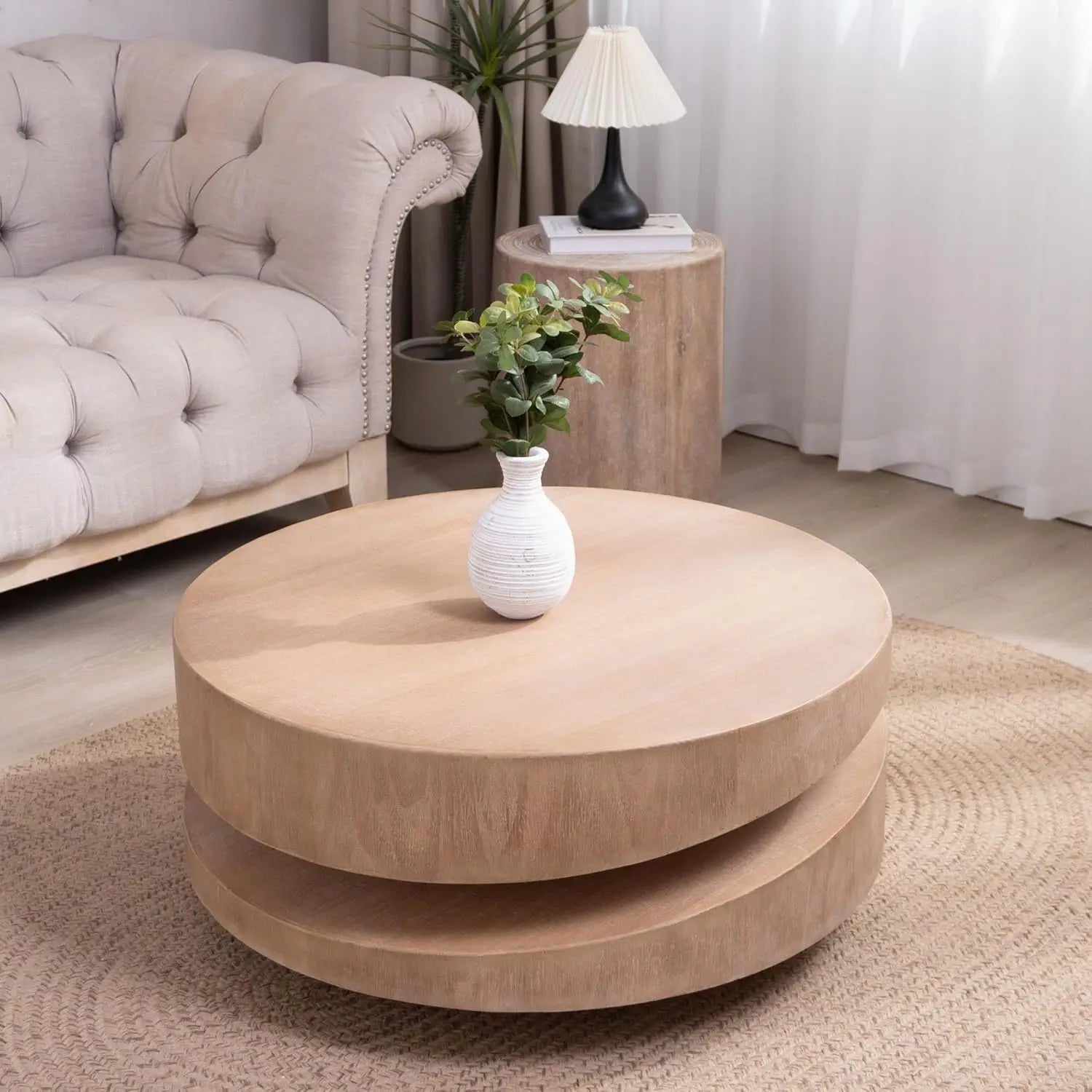 Round Coffee Table For Living Room, Accent Wood Center Table, Natural