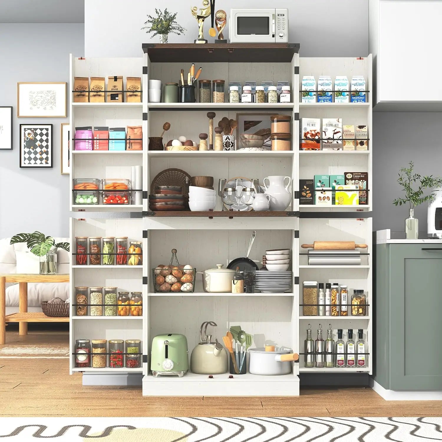 Farmhouse Kitchen Pantry Cabinet, 71" Tall Storage Cabinet with Adjustable Shelves & 4 Barn Doors & Drawer, Rustic Wood