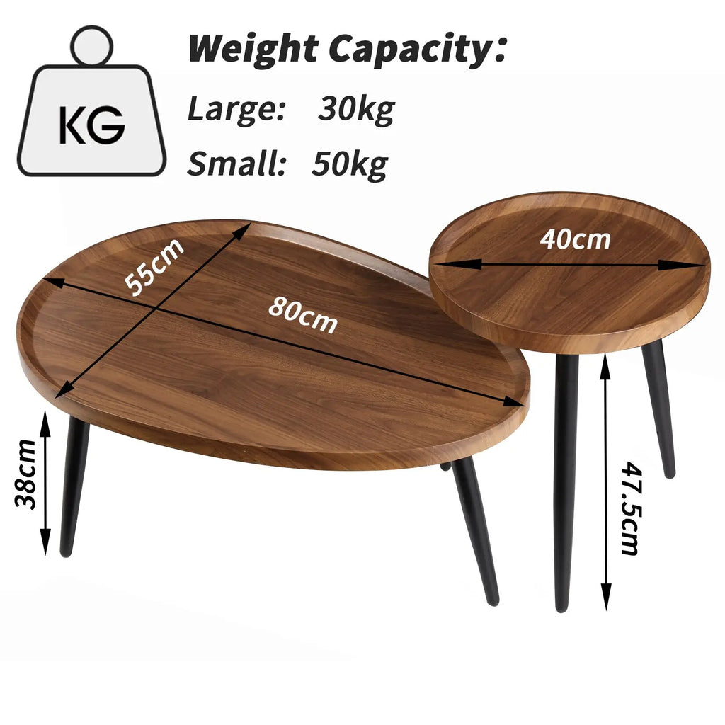 Irregular Living Room Coffee Table Set Small Drop-Shaped Solid Wooden Sofa Side/ End Table 2-in1 with Triangle Legs