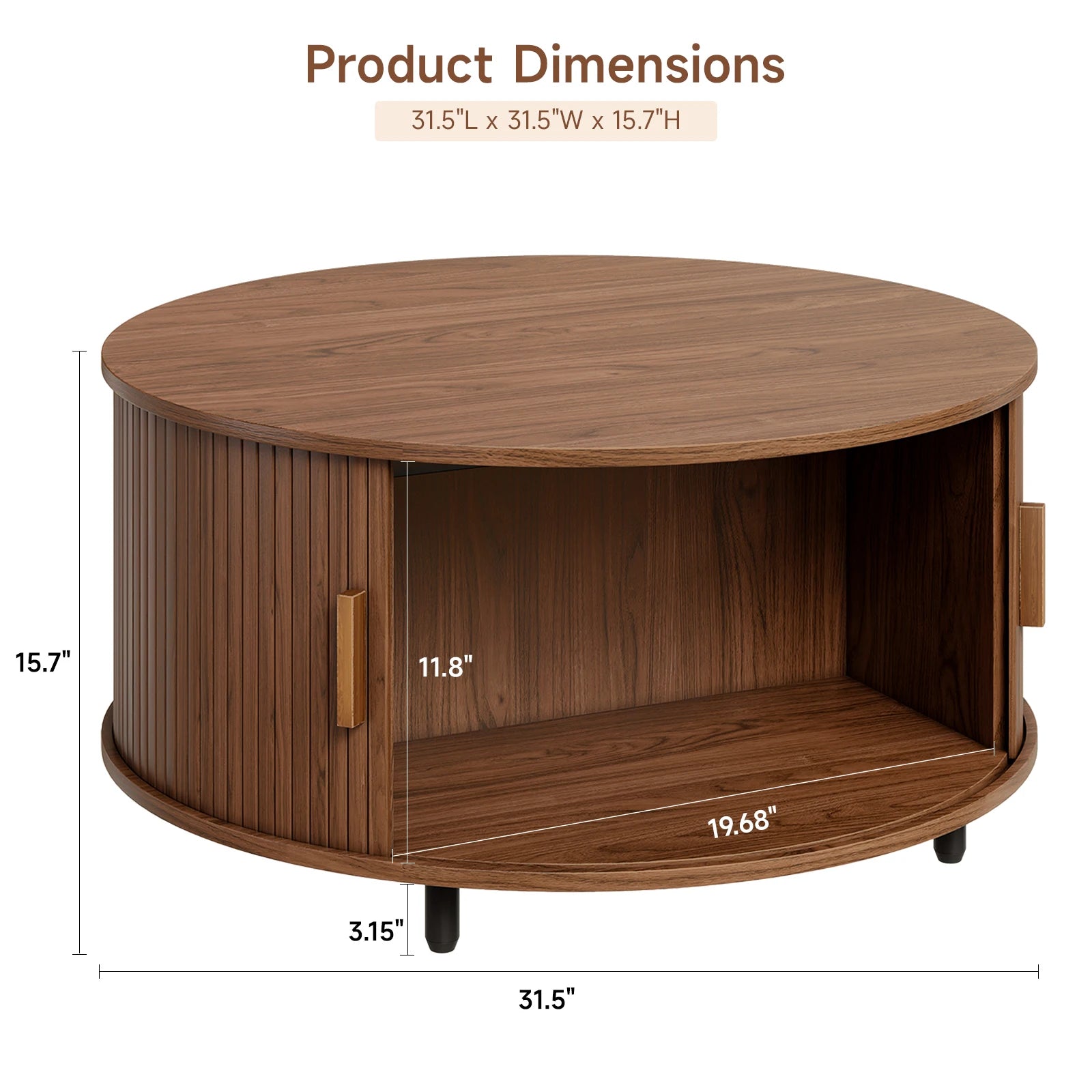 Round Coffee Table with Storage,31.5"/ Modern Coffee Table with 360° Curved Sliding Door, Fluted Wood Accent Coffee Table