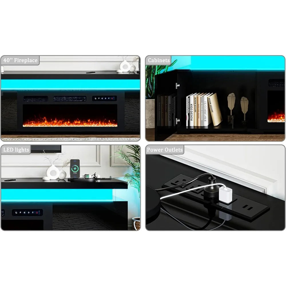 85’’ Fireplace TV Stand for 90 Inch TVs, With LED Lights, High Gloss