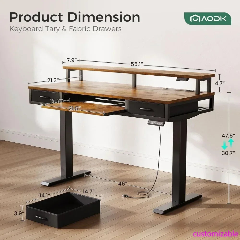 Electric Standing Desk with Drawers & Keyboard Tray, 55" Height Adjustable Gaming Desk with Power Outlets & LED Lights