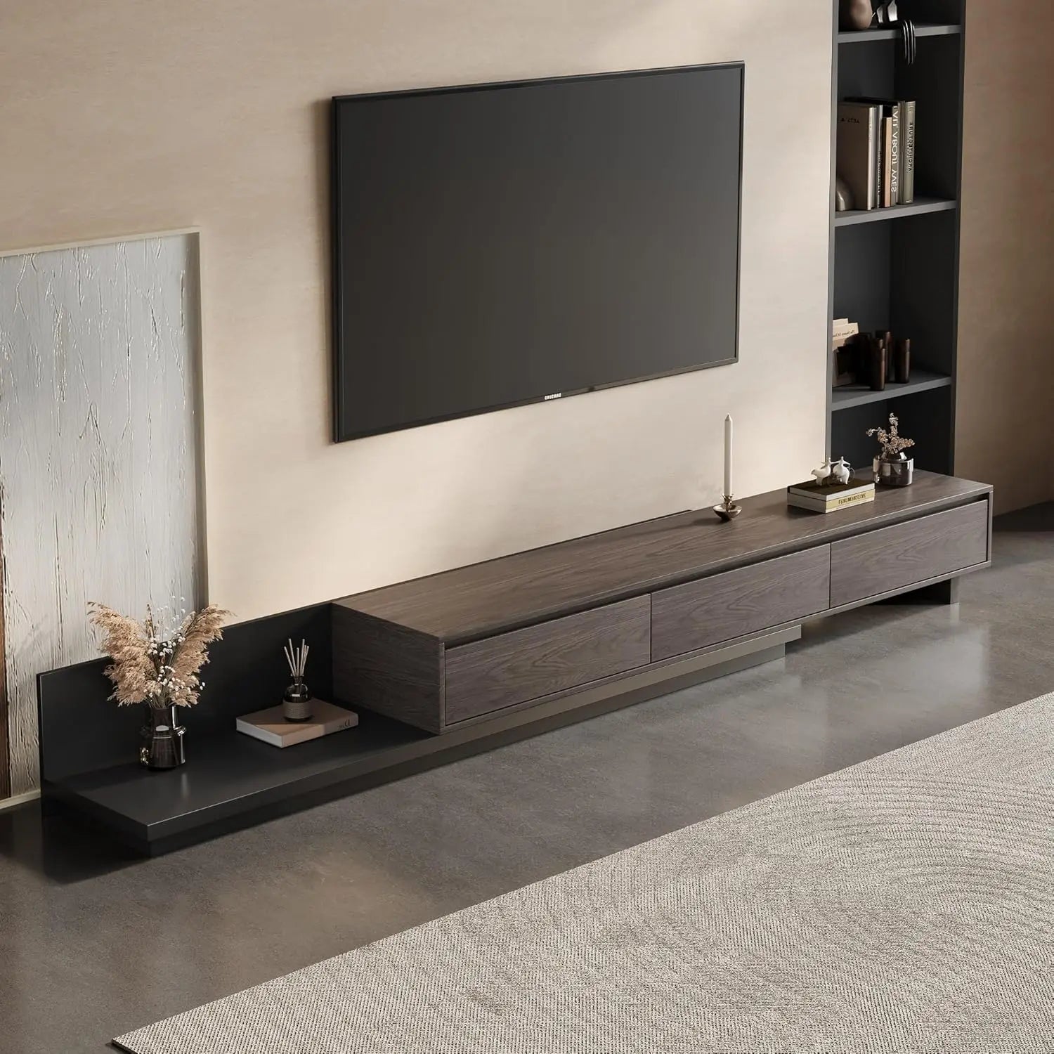 Mid-Century Modern Expandable TV Stand with 3 Drawers – Adjustable Entertainment Center for Living Room & Bedroom (79" to 130"),