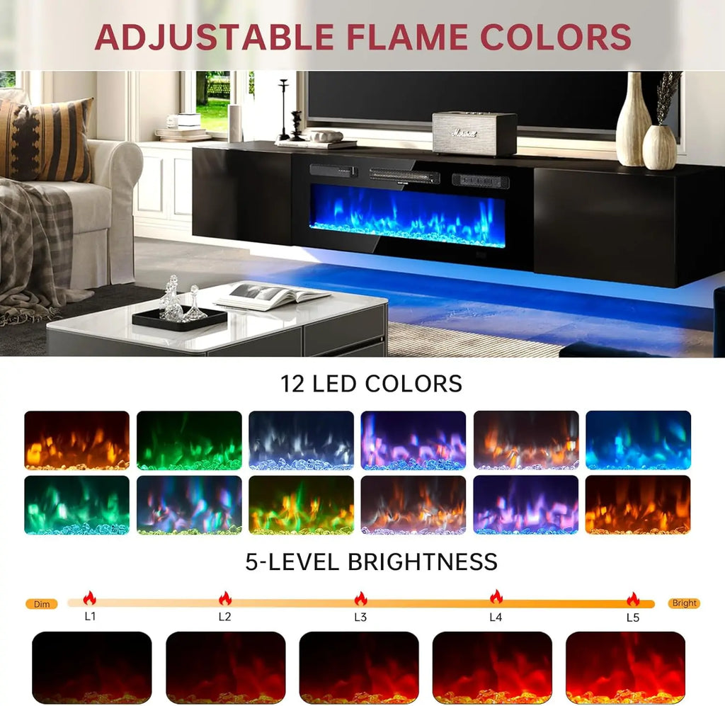 70" Floating TV Stand with 36" Electric Fireplace, Wall Mounted Fireplace Entertainment Center with Storage