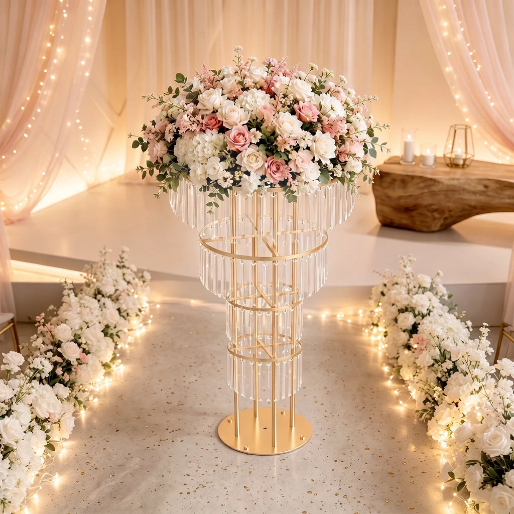 4 Tier Round Gold Electroplated Iron Crystal Flower Stand/ Freestanding 90cm Acrylic Floral Pedestal Holder/ Heavy 8kg Load Wedding Table Centerpiece Decor/ Easy Assemble/ Detachable Display Rack for Birthday/ Baby Shower/ Va