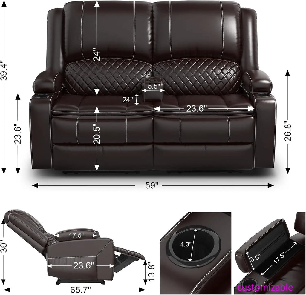 Adult Dual-Tier Faux Leather Reclining Loveseat with Detachable Armrest