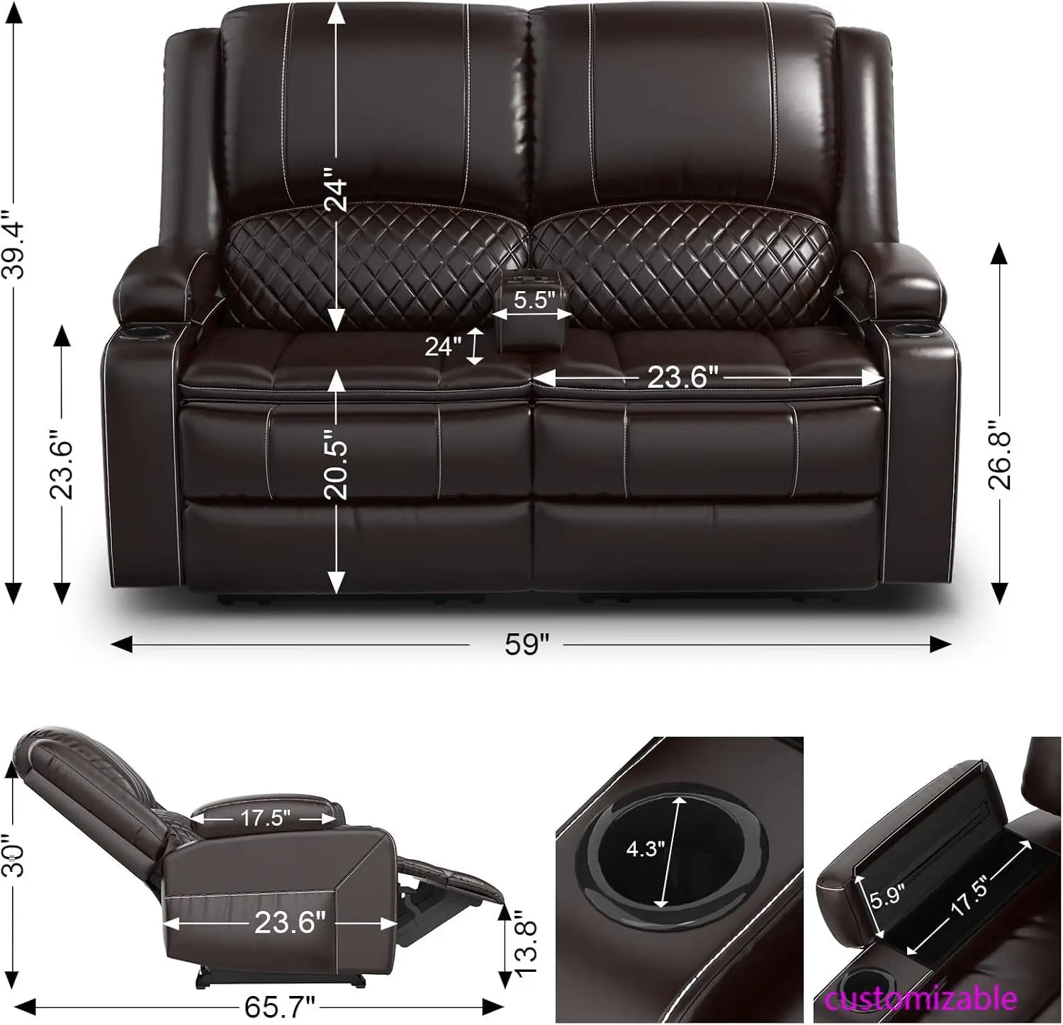 Adult Dual-Tier Faux Leather Reclining Loveseat with Detachable Armrest