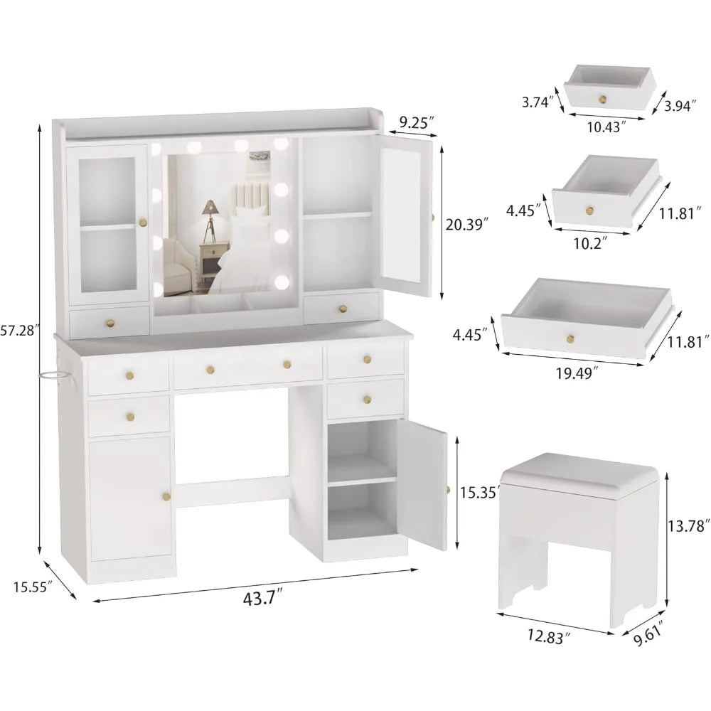 Illuminated Makeup Vanity Desk with White Mirror, Chair, and Charging Station