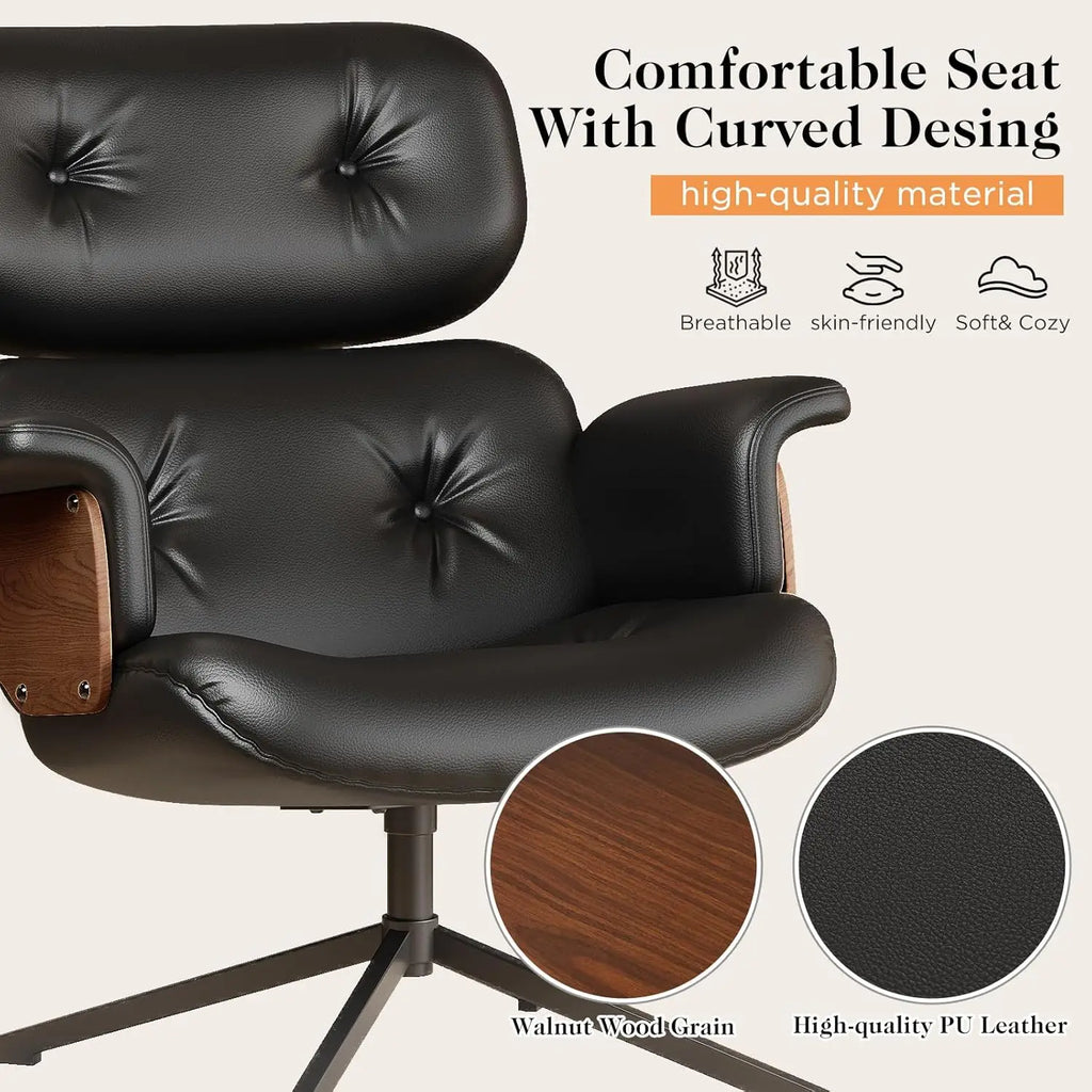 Mid Century Reclining Swivel Chair with Ottoman, Ergonomic Armchair with Comfy Cushion, Walnut Wood Base, PU Leather