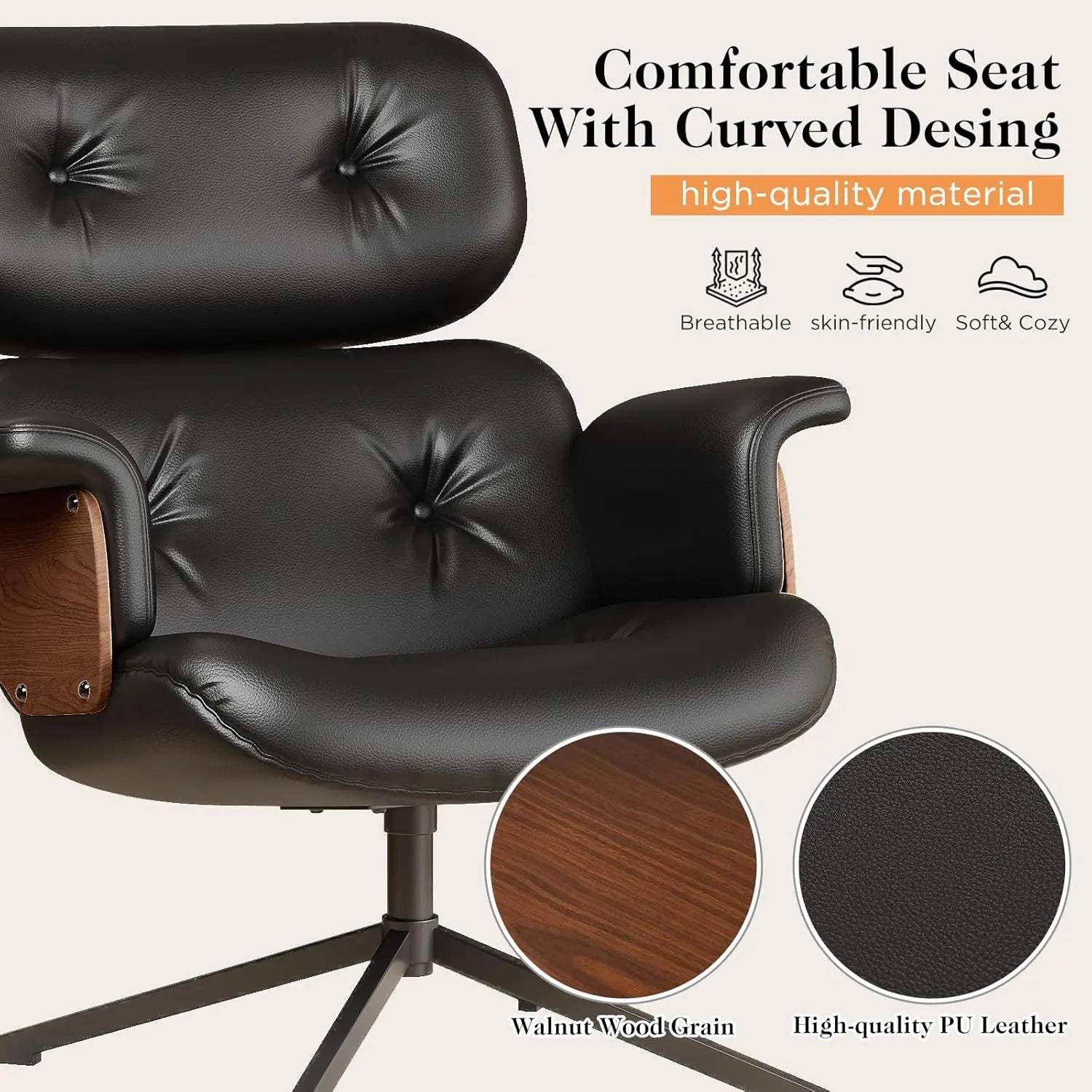 Mid Century Reclining Swivel Chair with Ottoman, Ergonomic Armchair with Comfy Cushion, Walnut Wood Base, PU Leather