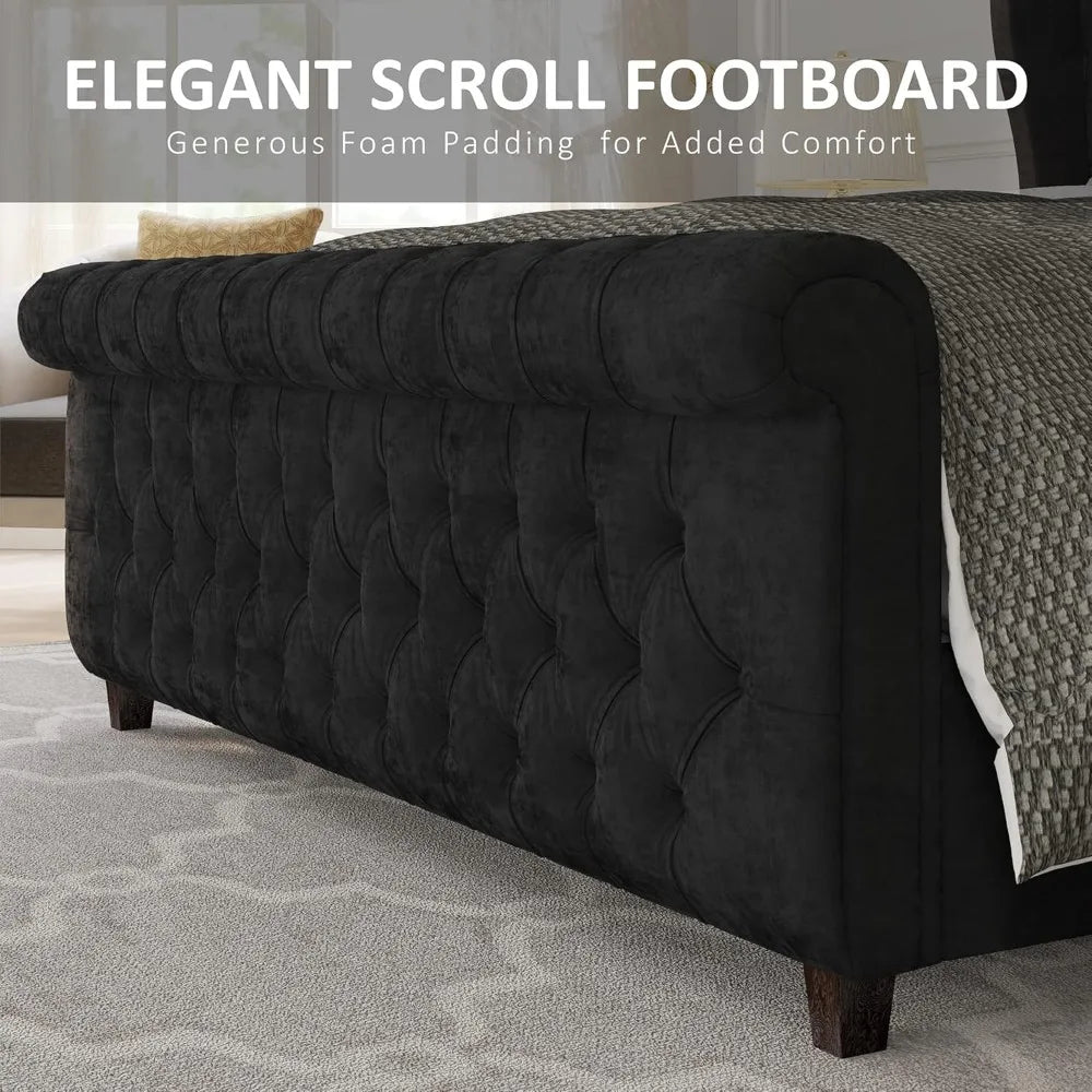 King Size Platform Bed Frame, Velvet Tufted Upholstered Sleigh Bed with Scroll Wingback Headboard & Footboard