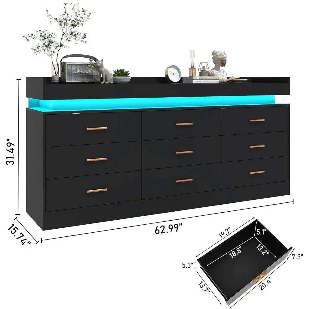 9 Drawer Dresser with Charging Station and LED Lights, Modern Chest of Drawers with Power Outlet, Organizer Cabinet for Bedroom,