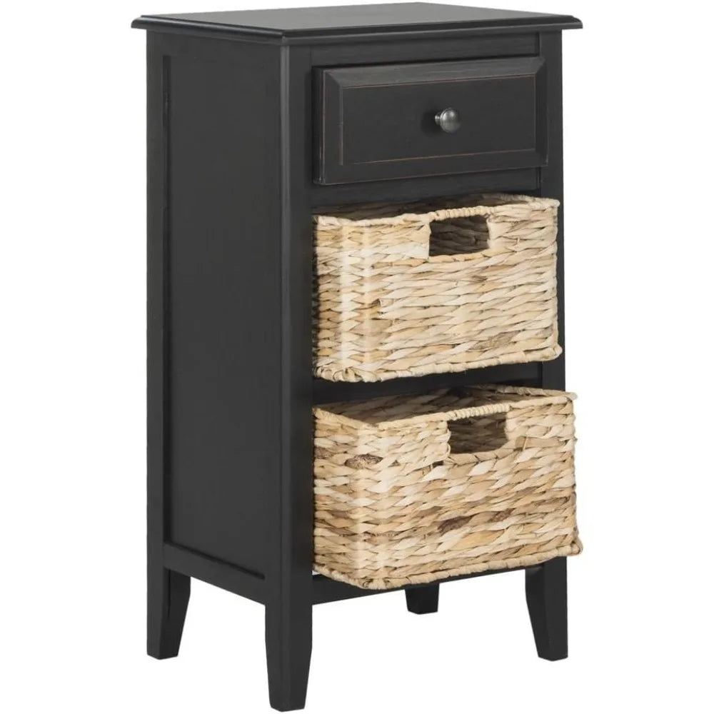 Distressed Black Side Table with 1 Drawer and 2 Removable Baskets