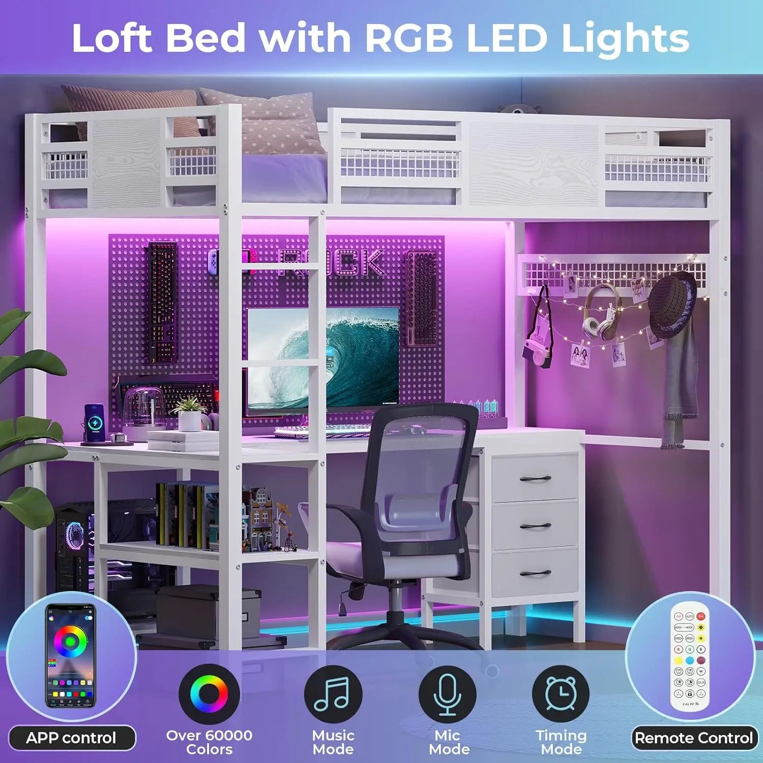 Loft Bed Twin Size with L-Shaped Desk, 3 Storage Drawers, 2-Tier Storage Shelves, Power OUtlets, LED Metal Twin Size Bed Frame,