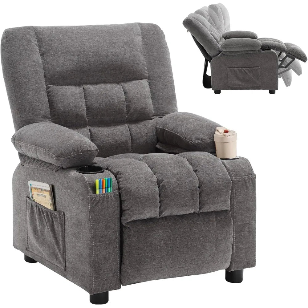 Kids Recliner Chair, Push Back Toddler Recliner with Cup Holders & Side Pockets, Adjustable Footrest & Headrest