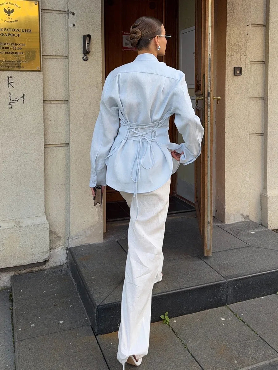New Autumn Tie Belted Shirt Women's  Floating Ribbon Cardigan Top Commuting 100% Cotton Slim Blouse