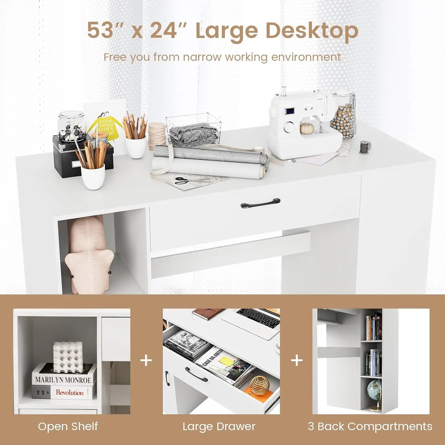 36” Counter Height Sewing Table, 53 Inch Artwork Craft Table with 14 Open Compartments, 3-Position Adjustable Shelf