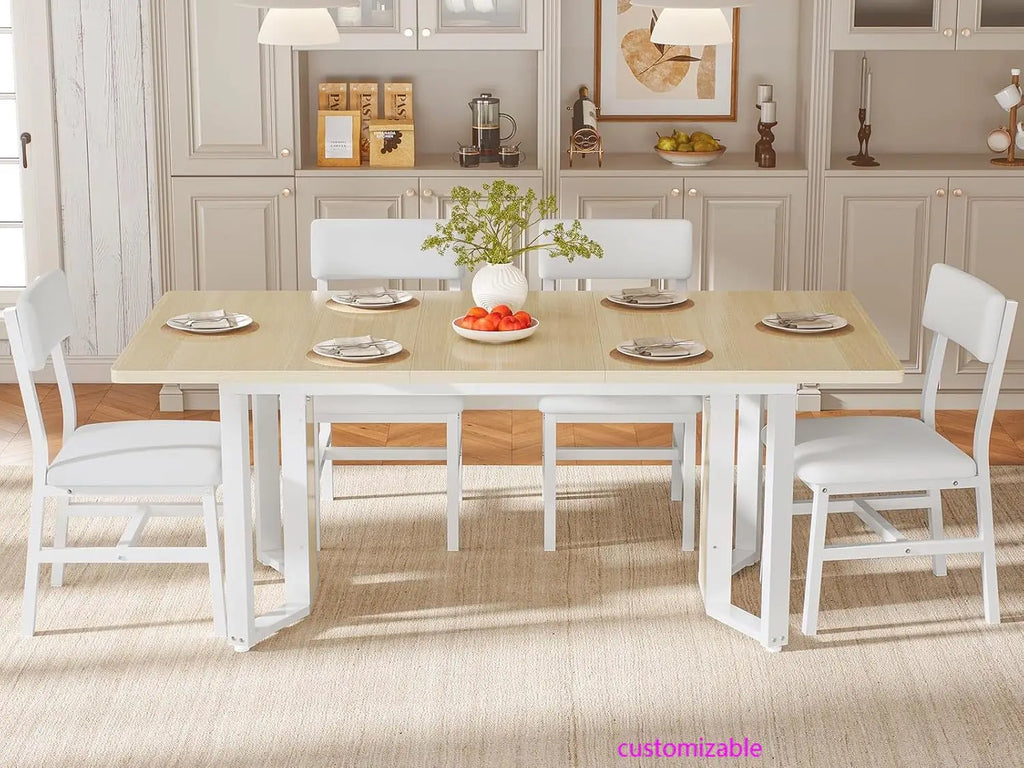 5-Piece Dining Table Set , 63" Extendable Kitchen Table , Dining Room Table with MDF Board & Metal Frame-Natural