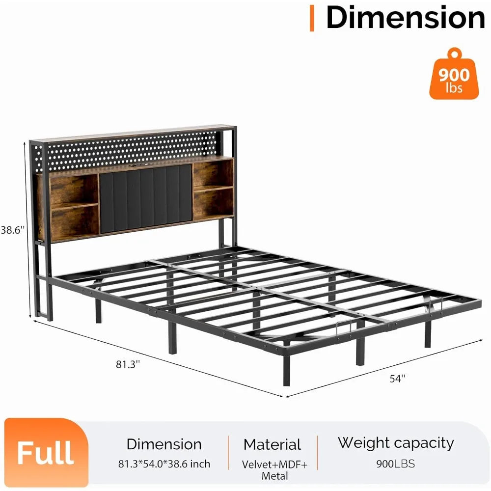 Full Size Floating Bed Frame with Headboard, LED Lights, Hidden Storage