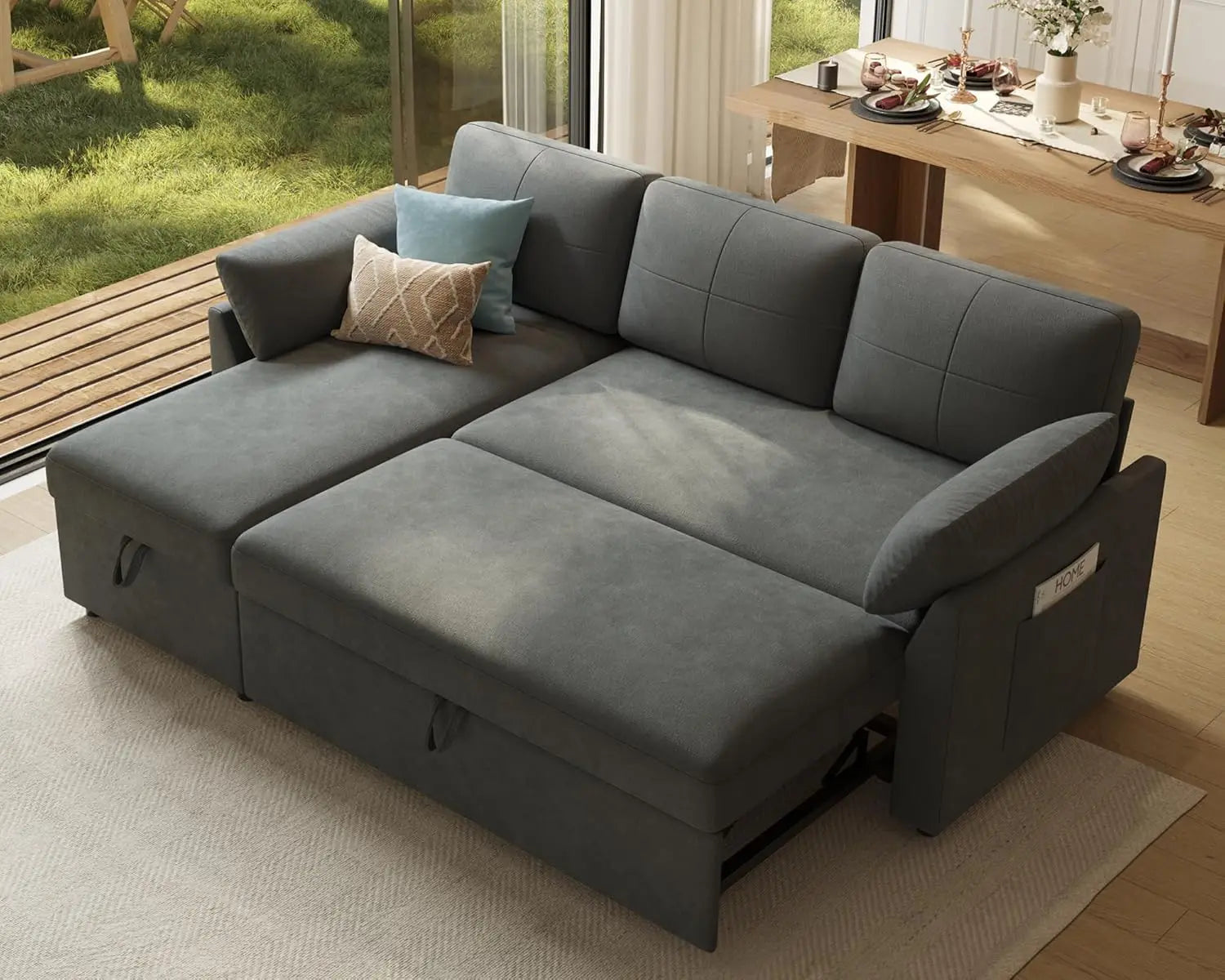 Sleeper Sofa, 2-in-1 Sofa Bed with Storage Chaise, Pull Out Sofa Couch for Living Room, Guest Room