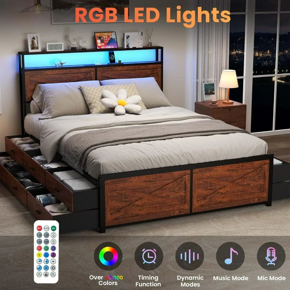 King Size Bed Frame with 12 Storage Drawers, LED Headboard, Charging Station, Metal Construction, No Box Spring Required, Quiet