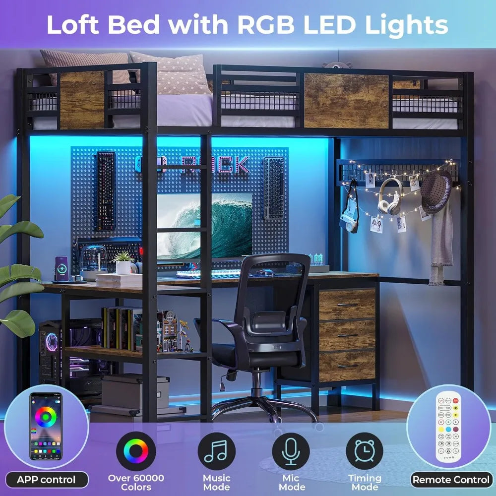 Twin Loft Bed with L-Shaped Desk, Metal Twin Size Bed Frame with LED Lights & Charging Sation, 3 Fabric Drawers, 2-Tier Storage