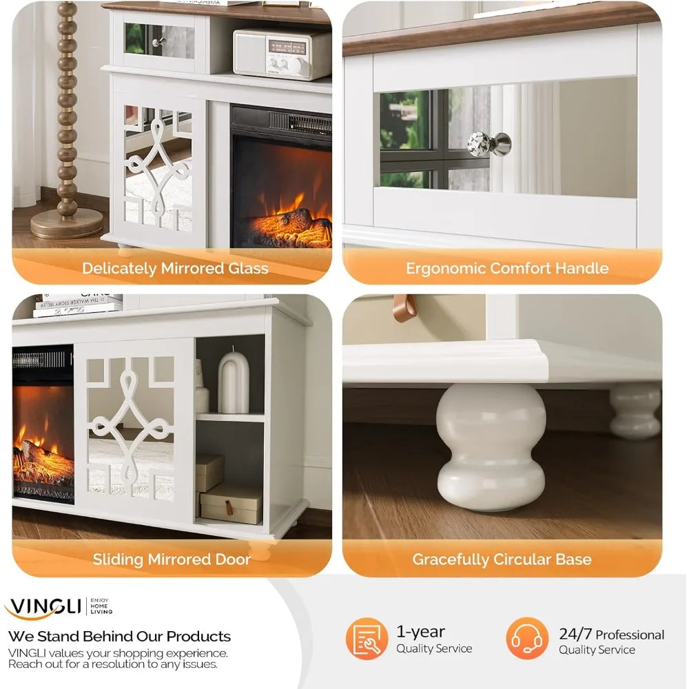 Fireplace TV Stand with Sliding Mirrored Door for TVs up to 70", Entertainment Center with Storage Cabinet and Shelves, Media Center