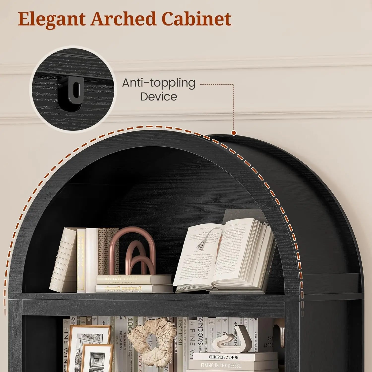 81" Tall Arched Cabinets,6-Tier Bookshelf ,2 Book Risers & Adjustable Shelves For More Storage Space